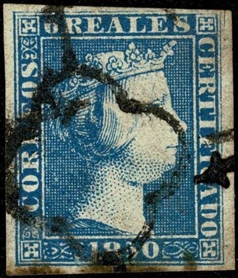 Spain 1950 - Isabella II. 6 reales blue. Expertised. Black spider-type postmark - Edifil 4