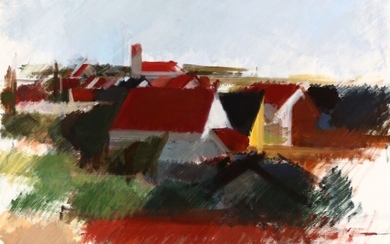 Søren Hjorth-Nielsen: Huse fra Vesterø, Læssø. Signed HN. Oil on canvas. 90×118 cm.