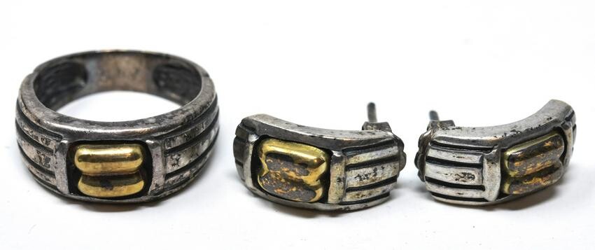 Sterling Silver & 18k Gold Ring & Pair of Earrings