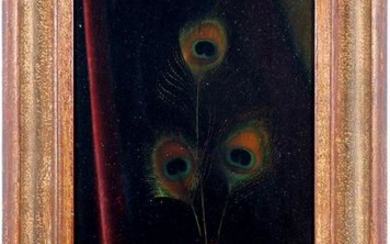 Still life vase with peacock feathers, panel 47x26 cm