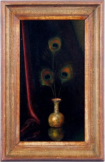 Still life vase with peacock feathers, panel 47x26 cm