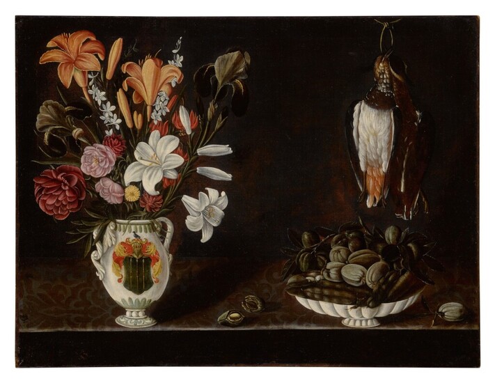 Still life with heraldic vase of flowers next to a shallow bowl of fruit and dead bird , Giovanni Quinsa