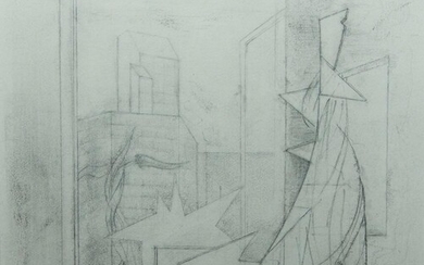 Surrealist School, mid 20th century- Abstract seated figure; pencil on paper, 19.4 x 17.6 cm.