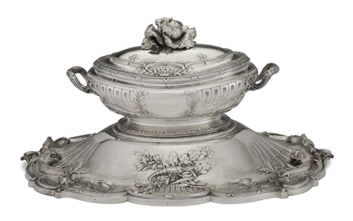 THE PATIÑO SERVICE: AN IMPORTANT FRENCH SILVER SOUP TUREEN, COVER AND STAND MARK OF JOSEPH CHAUMET, PARIS, 1918