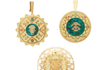 THREE GOLD AND HARDSTONE AZTEC PENDANT BROOCHES