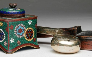 TWO ASIAN PEN HOLDERS AND CLOISONNE INKWELL.