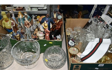 TWO BOXES AND LOOSE GLASSWARE, PIN BADGES, RESIN FIGURES ETC...