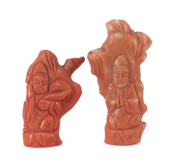 TWO CHINESE CORAL SCULPTURES DEPICTING GUANYIN. EARLY 20TH CENTURY.