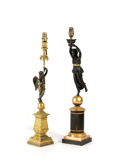 TWO FRENCH GILT AND PATINATED BRONZE FIGURAL TABLE LAMPS