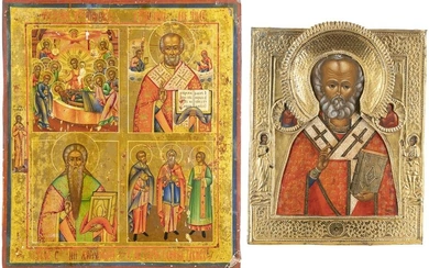 TWO ICONS: ST. NICHOLAS OF MYRA WITH RIZA AND A QUADRI-PART
