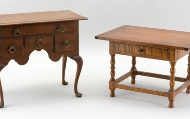 TWO MINIATURE REPLICAS OF 18TH CENTURY AMERICAN FURNITURE 1) Pine and tiger maple tavern table made by Ralph Wakefield. Signed on bo...