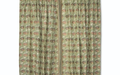 TWO PAIRS OF JAPONISANT DOUBLE-SIDED AND LINED GREEN SILK PLEATED CURTAINS