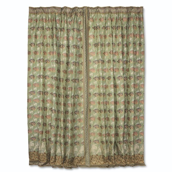TWO PAIRS OF JAPONISANT DOUBLE-SIDED AND LINED GREEN SILK PLEATED CURTAINS
