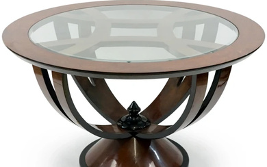 Tavolo Art Déco in legno impiallacciato con piano circolare in vetro, quattro montanti doppi e curvati, base circolare, cm h 77,5x129,5, (difetti)