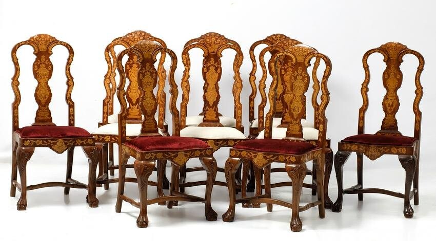 Ten Dutch-style chairs with marquetry