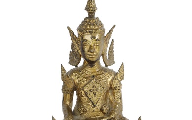 Thai/Siam buddha of gilded bronze, decorated with glass beads. 19th century
