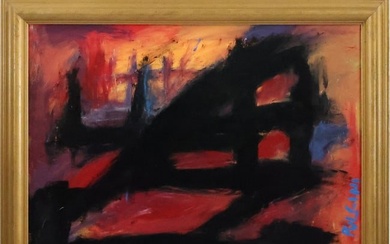 Thomas Pulgini, American, Oil on Canvas Painting Abstract Black Lines on Orange Background