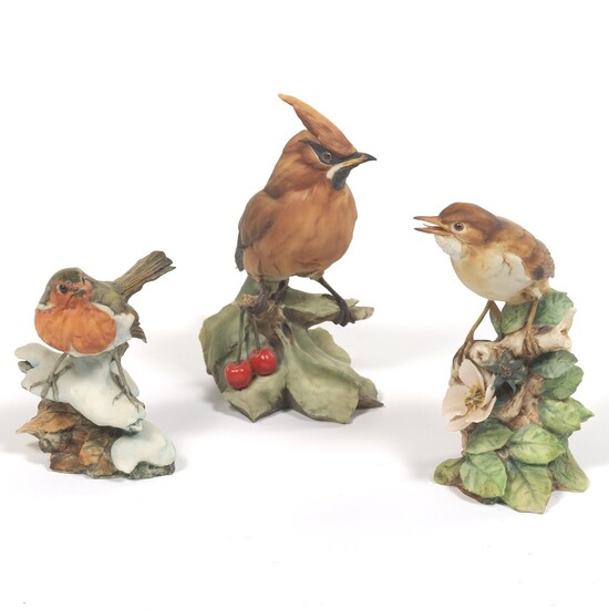 Three Giuseppi Tagliariol Porcelain Bird Figurines, Bohemian Wax Wing, House Finch and Nightingale, Tay Collection, Italy