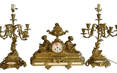 Three Piece Brass Mantle Set, to include a clock and