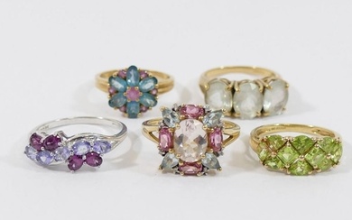 Three QVC 9 carat gold gem-set dress rings, and two other si...