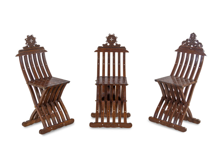 Three Syrian Mother-of-Pearl Inlaid Walnut Folding Chairs