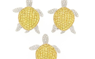 Three White Gold, Diamond and Yellow Sapphire Turtle Brooches