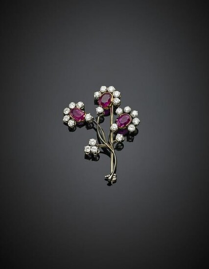 Three oval ruby and diamond bi-coloured gold flower
