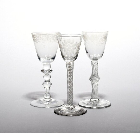 Three small wine glasses mid 18th century, one of possible...