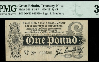 Treasury Series, John Bradbury, first issue £1, ND (7 August 1914), serial number DD/23 030599,...
