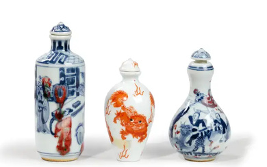 Two Chinese blue and white and underglaze red and one iron red...