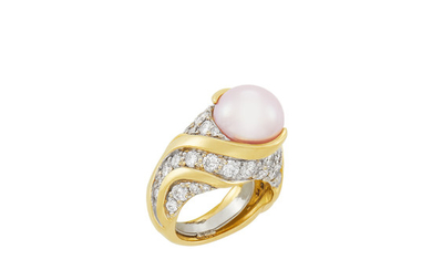 Two-Color Gold, Pink Freshwater Pearl and Diamond Ring