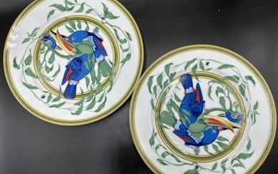 Two Hermes toucan plates 11 inches wide each.