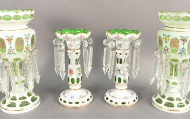 Two Pairs of Overlay Green Glass Lusters, heights 13