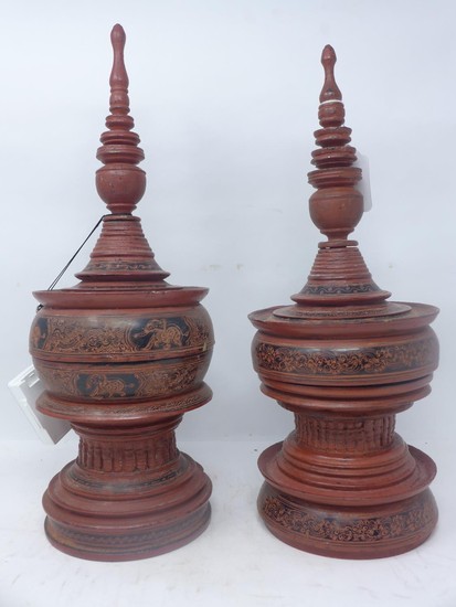 Two late 19th century Burmese red lacquer offering vessels '...