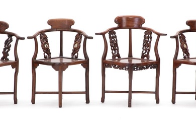 Two pairs of Chinese hardwood corner chairs, one pair inlaid with marble...