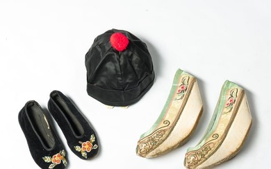 Two pairs of Chinese shoes and a hat, late 19th century