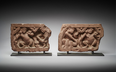 Two rose sandstone bas-reliefs, India, Madya Pradesh, circa 8th-9th century