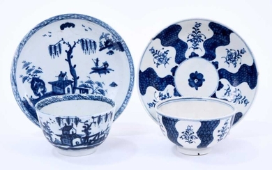 Two sets of Lowestoft tea bowls and saucers, the first painted in blue with the Robert Browne pattern, saucer 11.8cm diameter, and the second painted in blue with a pagoda by a willow tree within a...