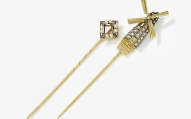 Two tie pins with mill / with diamonds and pearls