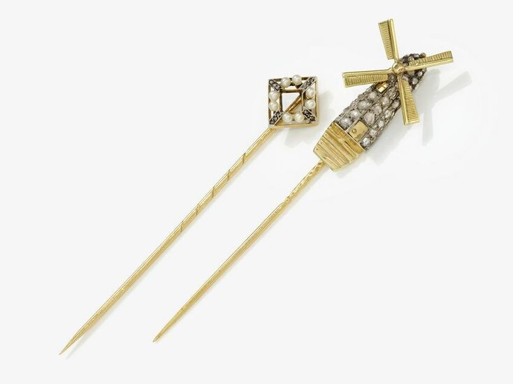 Two tie pins with mill / with diamonds and pearls