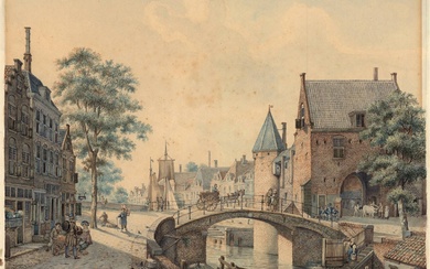 [Utrecht]. Verheijen, J.H. (1778-1846) (d'après). (Vue sur le Weertpoort et le Zandbrug à Utrecht). Dessin,...