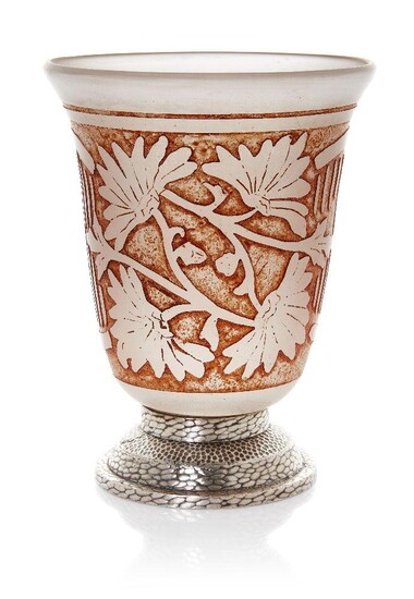 AMENDMENT: E. Val & Cie. (Paris) - not Verrieries D'Art Lorraine as previously stated. VAL (Verrieries D'Art Lorraine),Art Deco vase in hammered metal mount, circa 1930s, Etched and stained glass, silver plate, Etched 'VAL' signature, 16.5cm high...