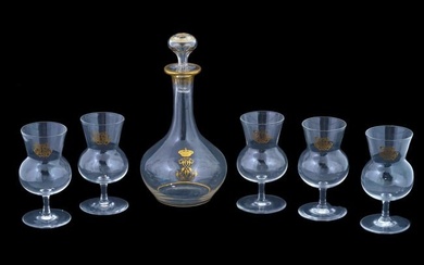VICTORIAN GILDED GLASS DECANTER AND GOBLETS SET