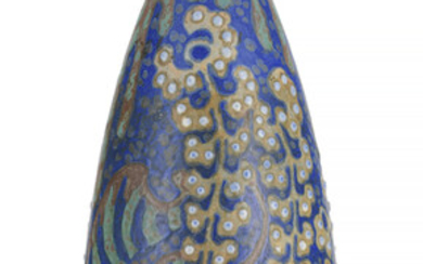 Vase en céramique à glaçure polychrome signé Revernay. A décor de fleurs, h. 37 cm