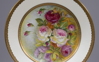 Very Finely Painted Roses Porcelain Plate with Gold Rim