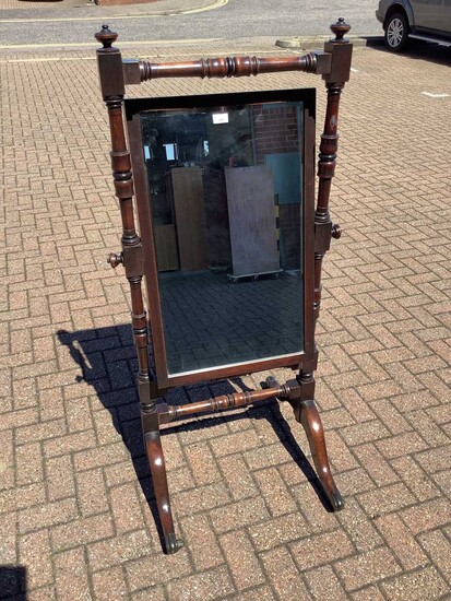 Victorian mahogany framed cheval mirror with bevelled mirror plate and turned supports on splayed legs, 61.5cm wide x 146.5cm high