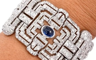 Vintage Art Deco French Diamond Sapphire Platinum Wide Bracelet