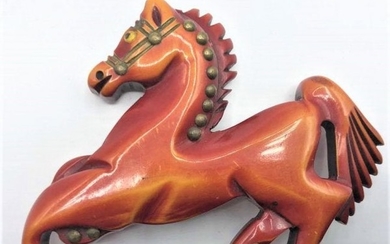 Vintage BAKELITE Pony Brooch - Fire Orange Color