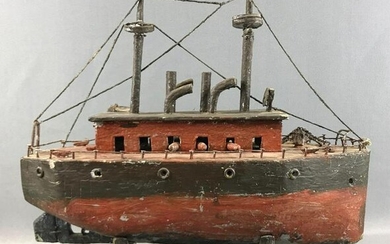 Vintage Folk Art Hand Carved Wooden Model Ship on Stand