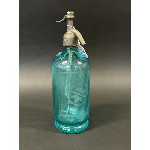 Vintage French blue glass soda siphon, etched Cirier Praert ...